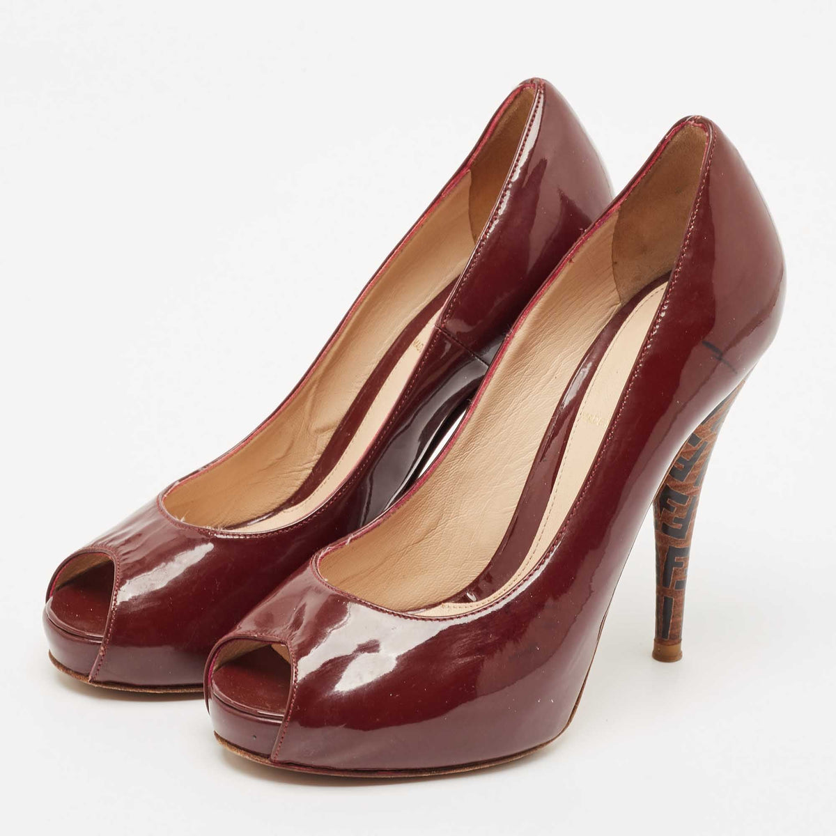 Fendi Burgundy Patent Leather Peep Toe Platform Pumps Size 35