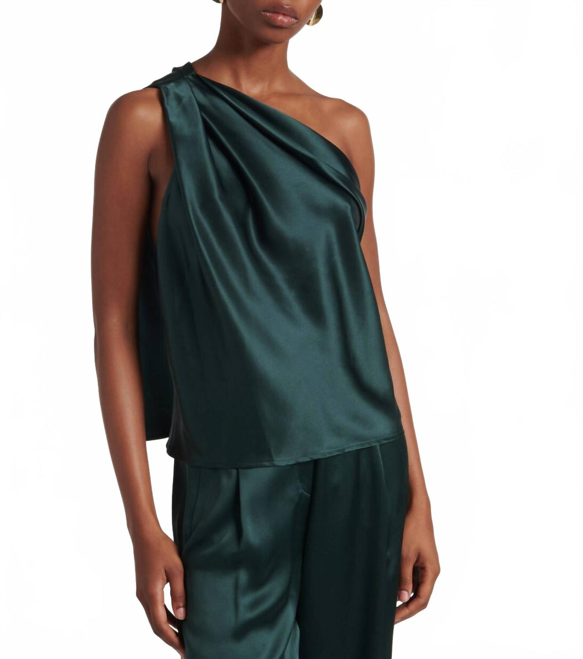 Draped Silk One-Shoulder Top In Thyme