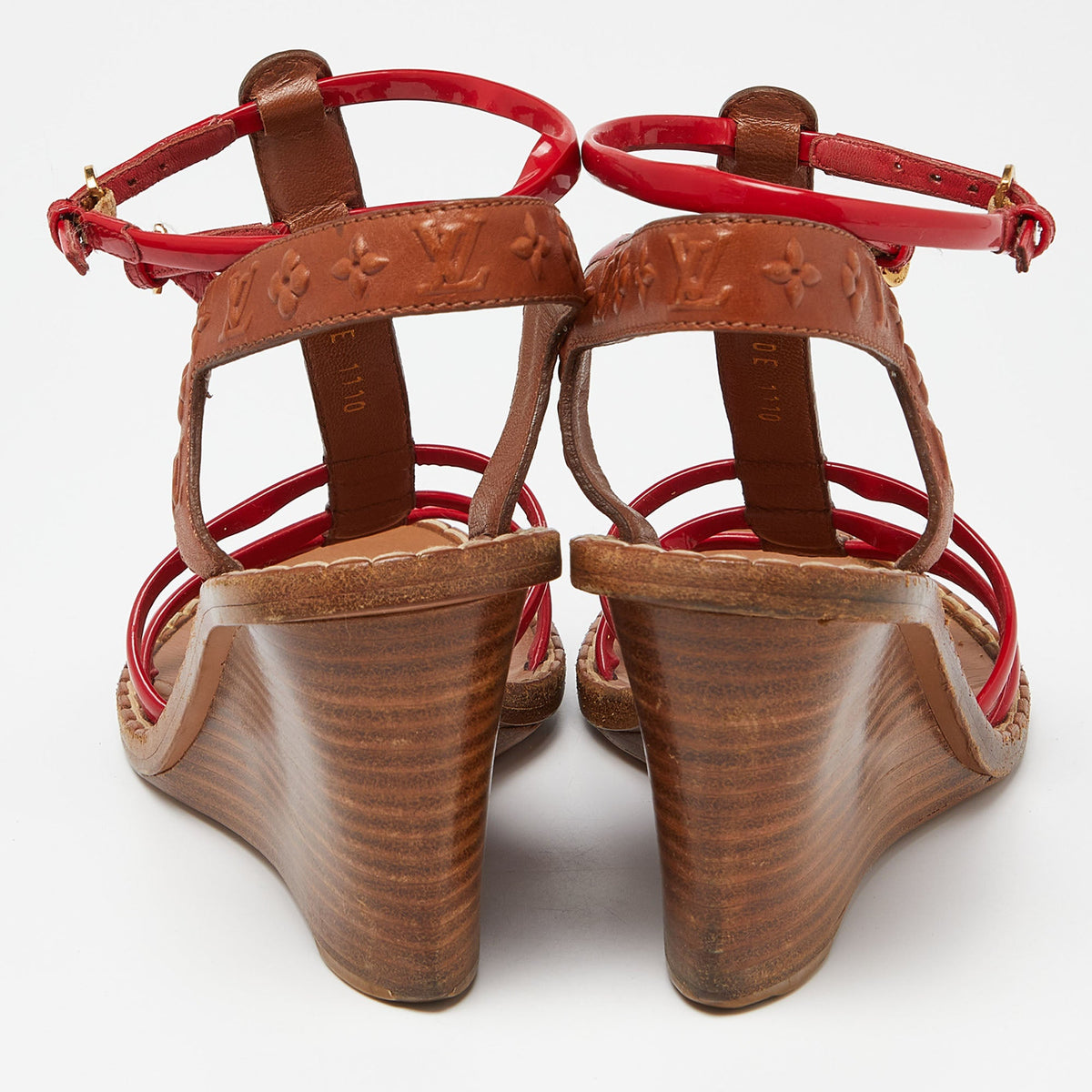Louis Vuitton Brown/Red Monogram Embossed Leather and Patent T-Strap Wedge Sandals Size 37.5