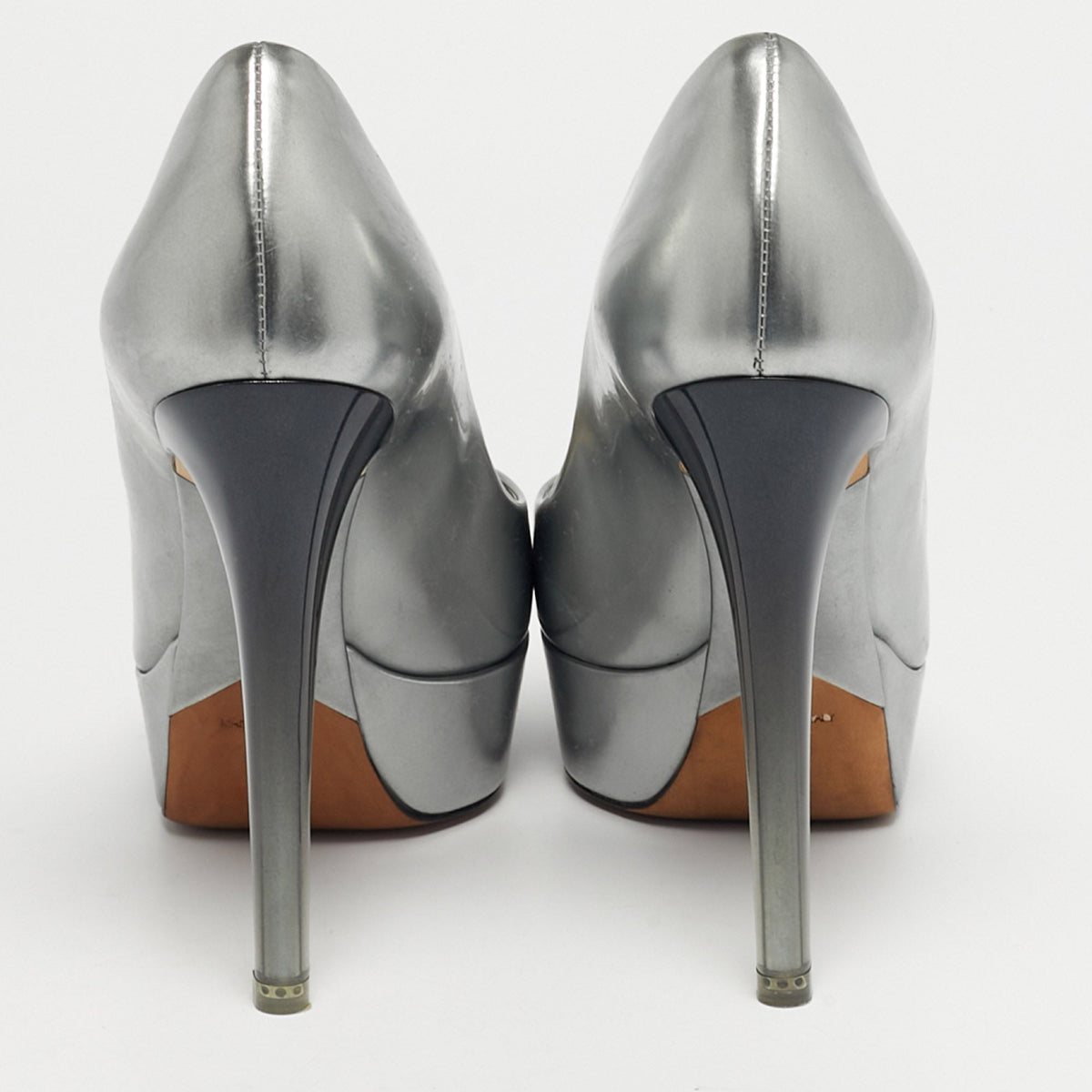 Dior Silver Patent Leather Miss Dior Peep Toe Pumps Size 35