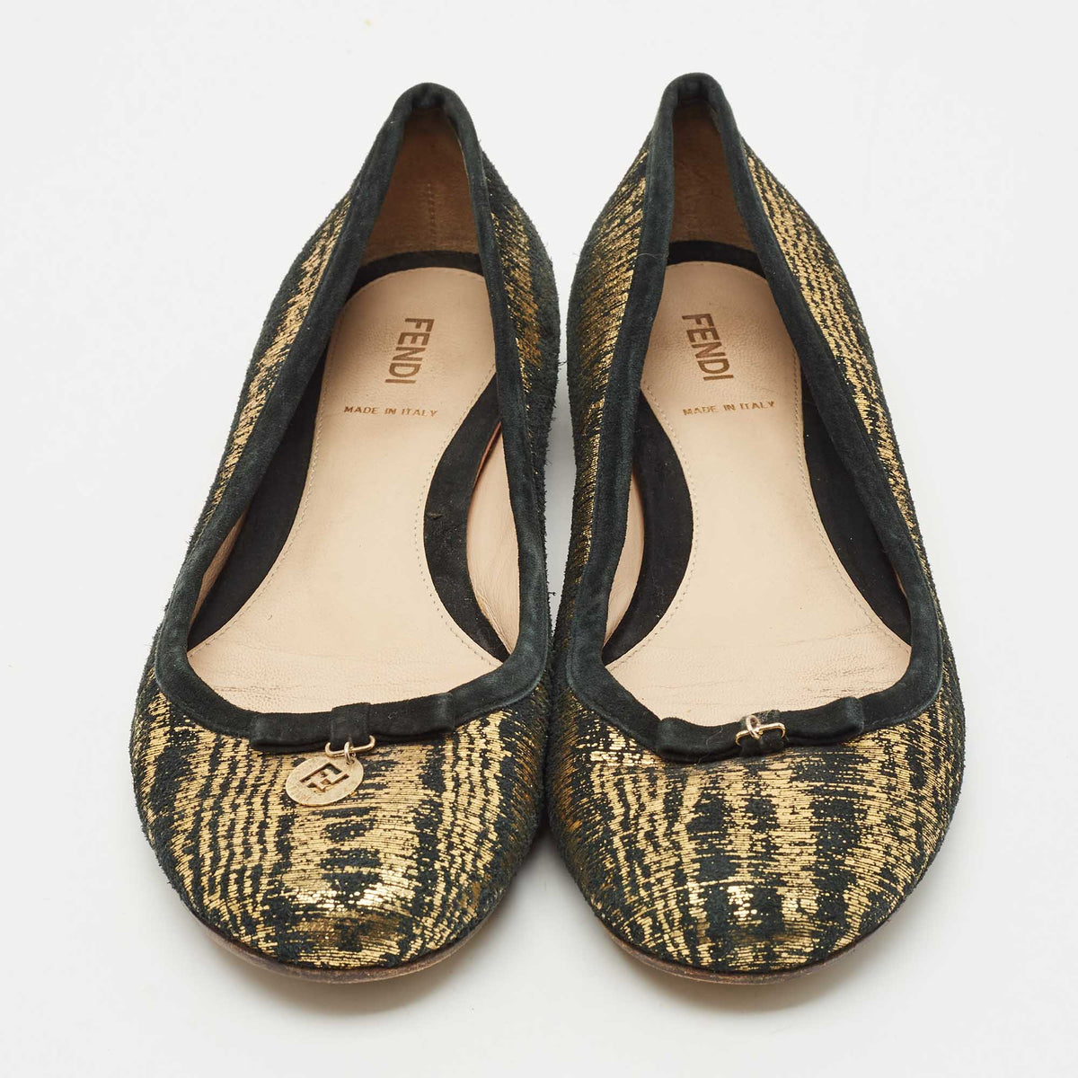 Fendi Gold/Black Textured Suede FF Charm Ballet Flats Size 39