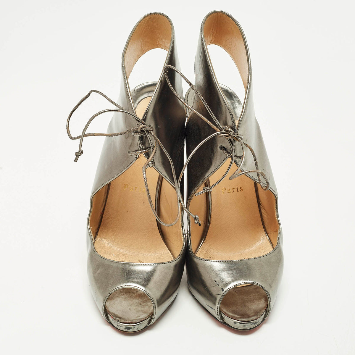 Christian Louboutin Size 40 Silver Leather Peep Toe Sandals