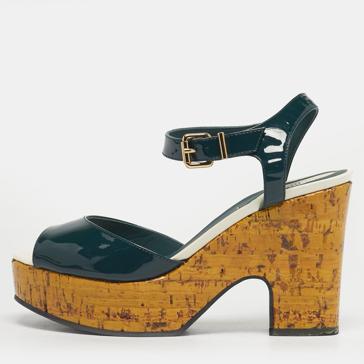 Fendi Size 37.5 Green Patent Leather Cork Platform Sandals