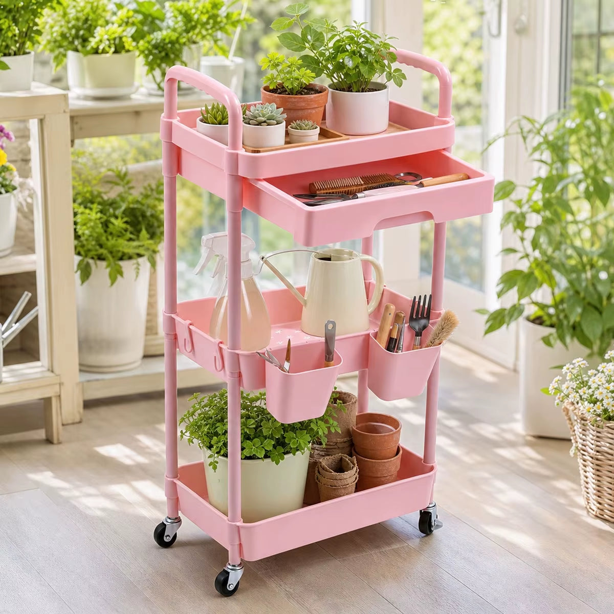 3-Tier Mobile Storage Cart with Pull-Out Drawer, Lockable Wheels, and Hanging Cups - Versatile Organizer for Kitchen, Bathroom, and Living Room