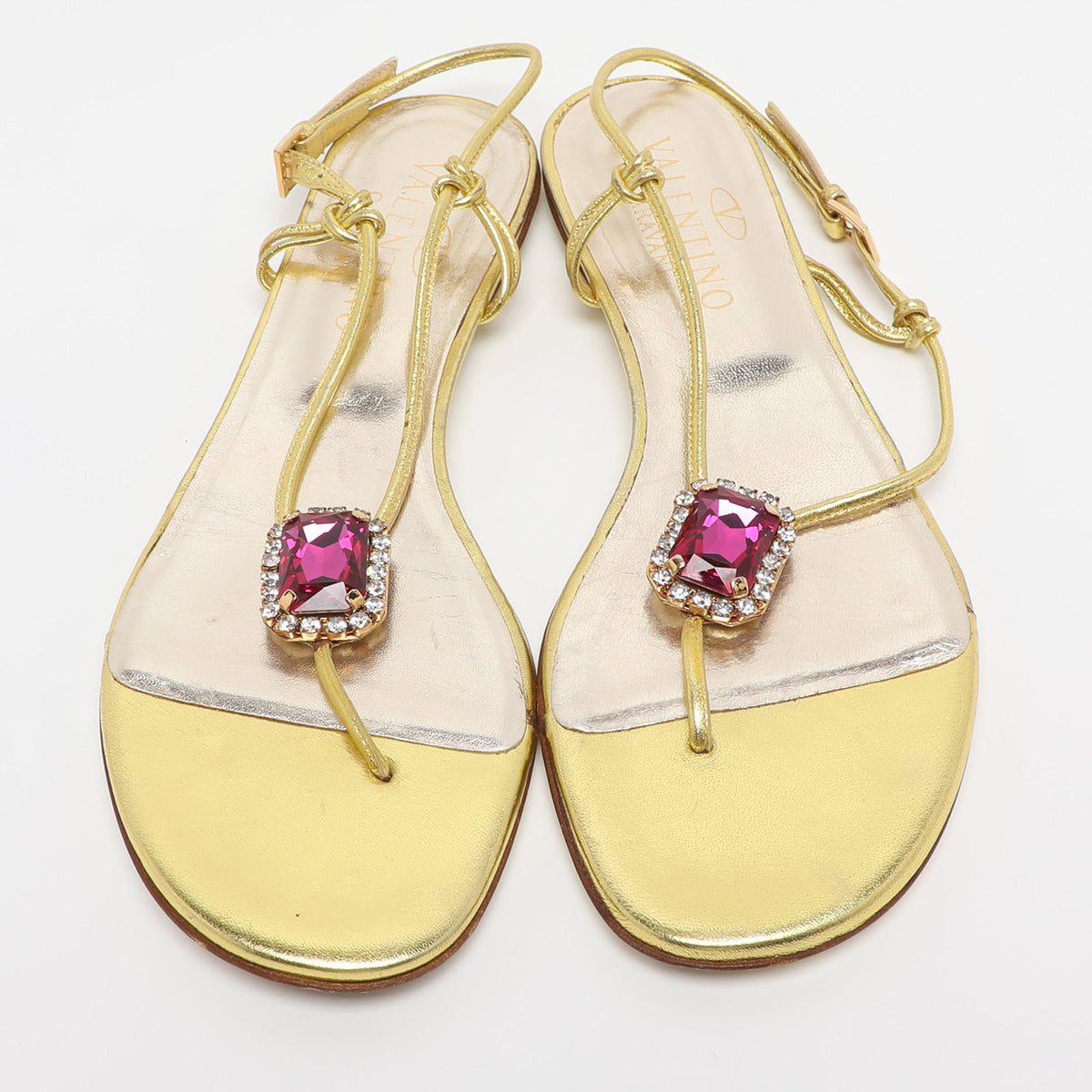 Valentino Metallic Gold Leather Embellished Flat Sandals Size 38