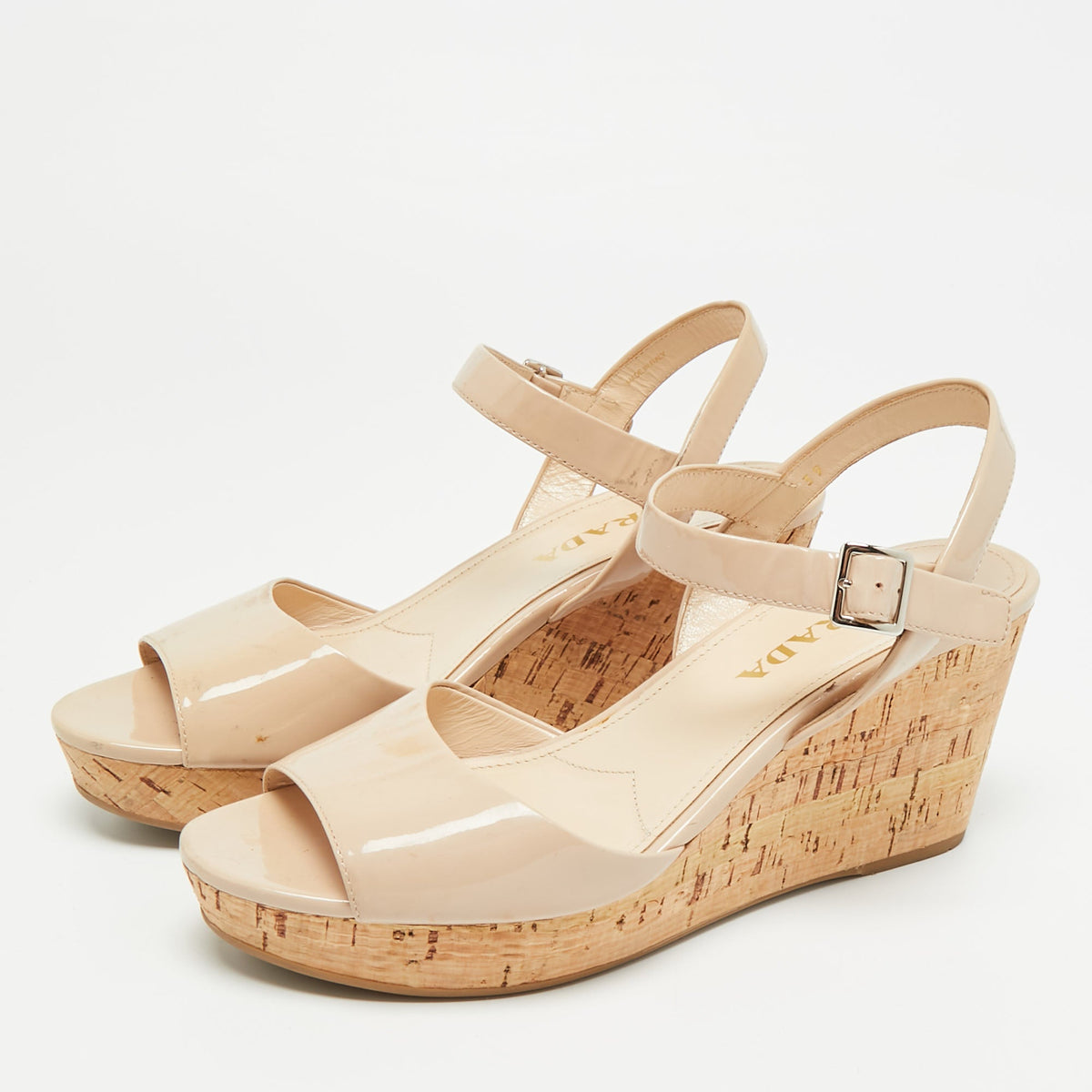 Prada Size 39 Beige Patent Leather Cork Wedge Sandals