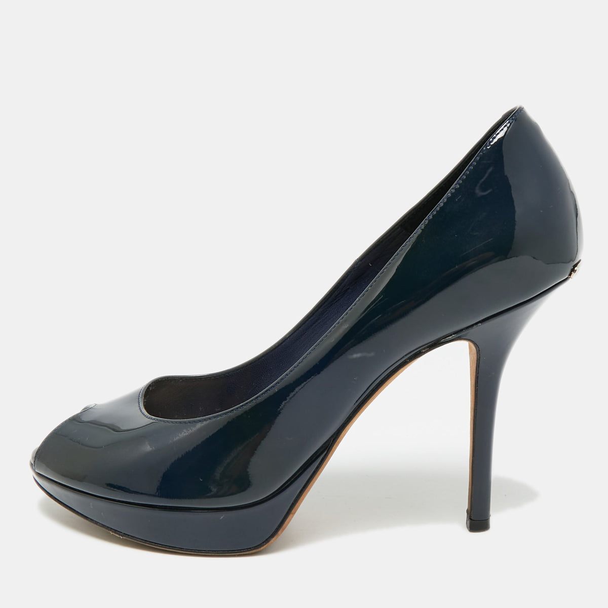 Dior Miss Dior Size 38.5 Navy Blue Patent Leather Peep Toe Pumps