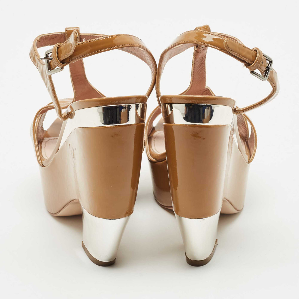 Miu Miu Tan/Silver Patent Leather T Strap Platform Sandals Size 41