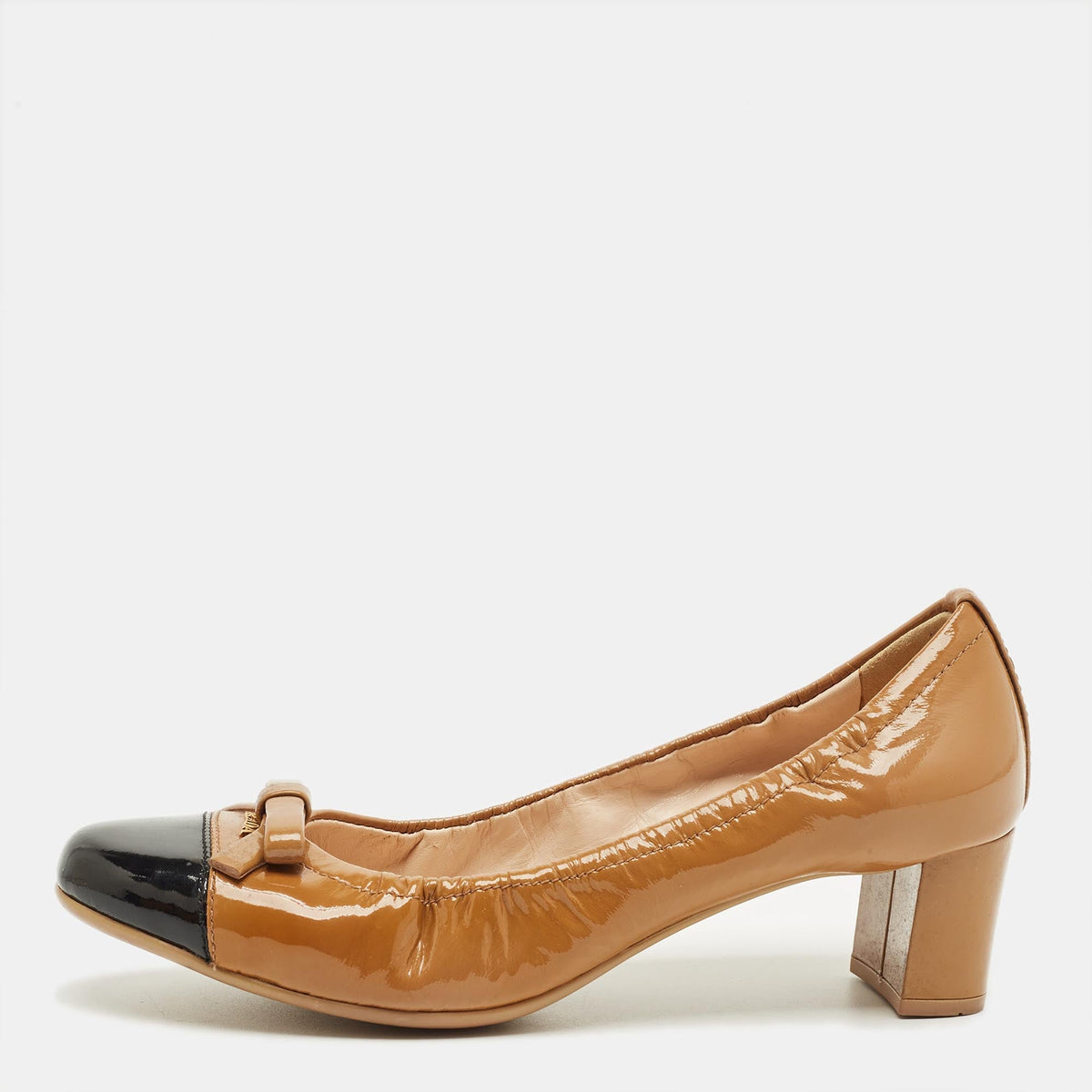 Prada Brown/Black Patent Leather Cap Toe Bow Block Heel Pumps Size 36