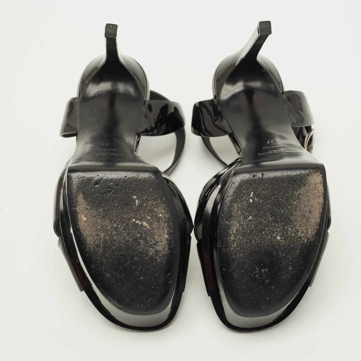 Saint Laurent Bianca Size 37 Black Patent Leather Ankle Strap Sandals