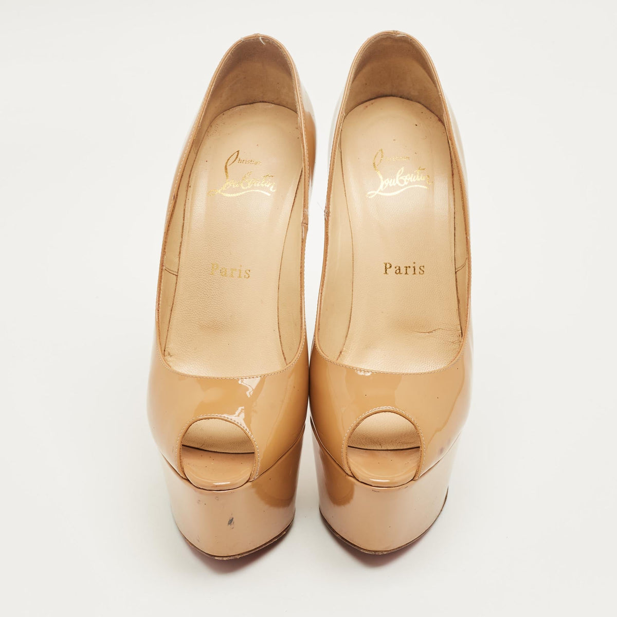 Christian Louboutin Highness Size 37.5 Beige Patent Leather Peep Toe Pumps