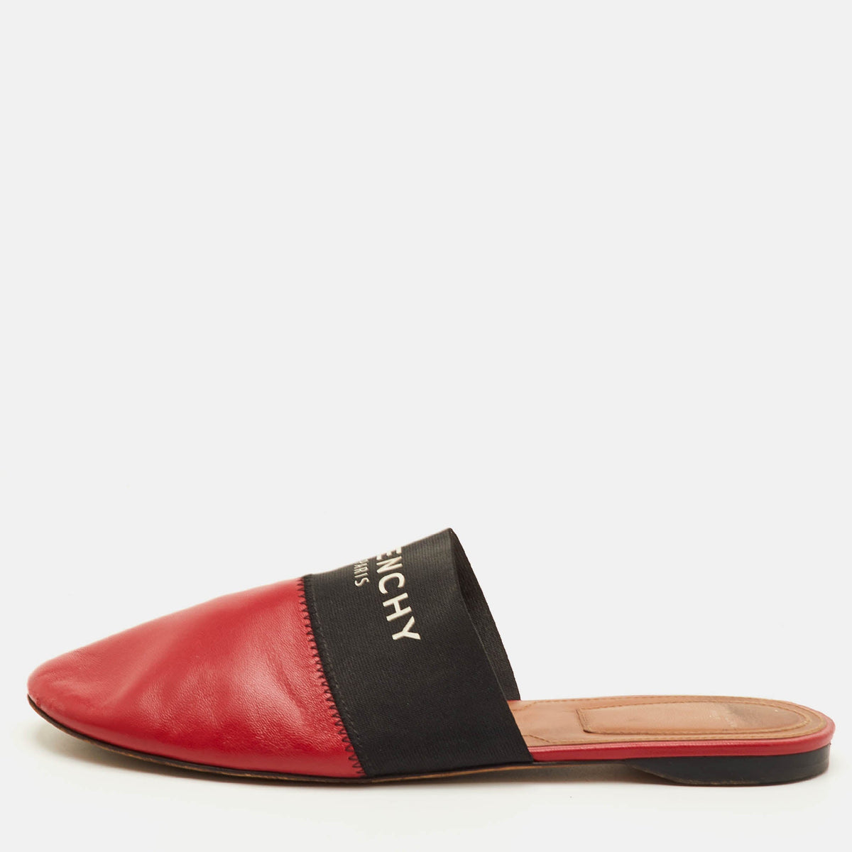 Givenchy Bedford Size 39 Red/Black Leather and Elastic Logo Flat Mules