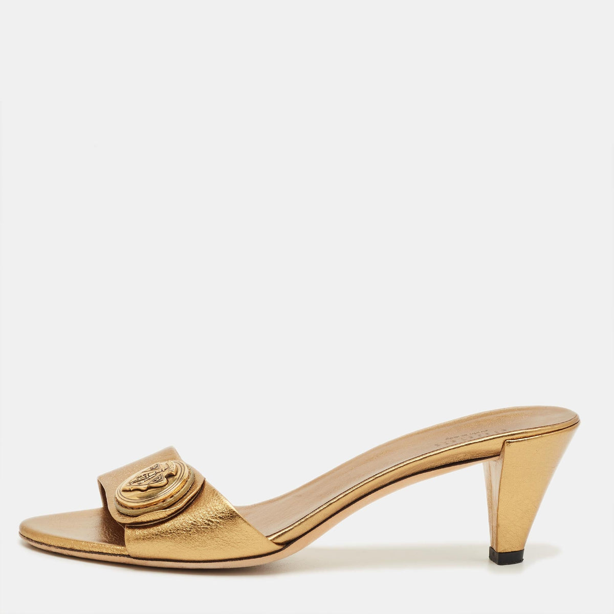 Gucci Gold Leather Logo Embellish Slide Sandals Size 36