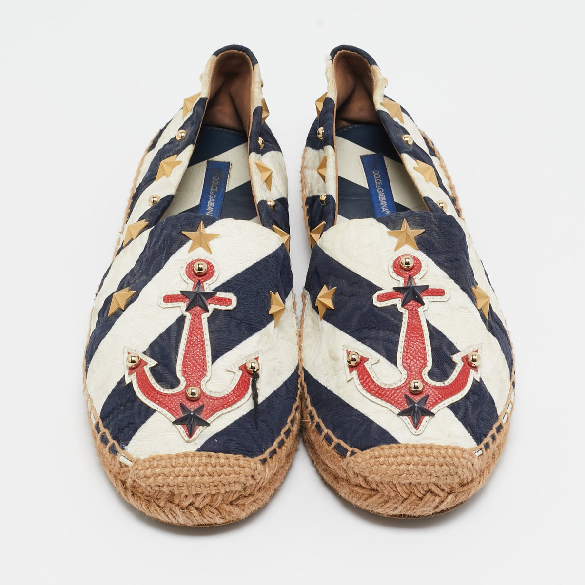Dolce & Gabbana Navy Blue/White Stripe Fabric Star Studded Anchor Espadrille Flats Size 39