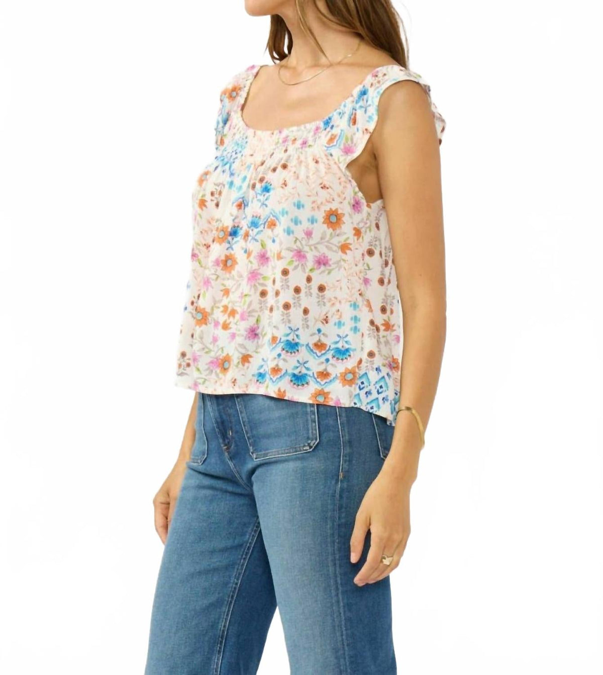 Flutter Sleeve Smocked Square Neck Top In Ivory/orange