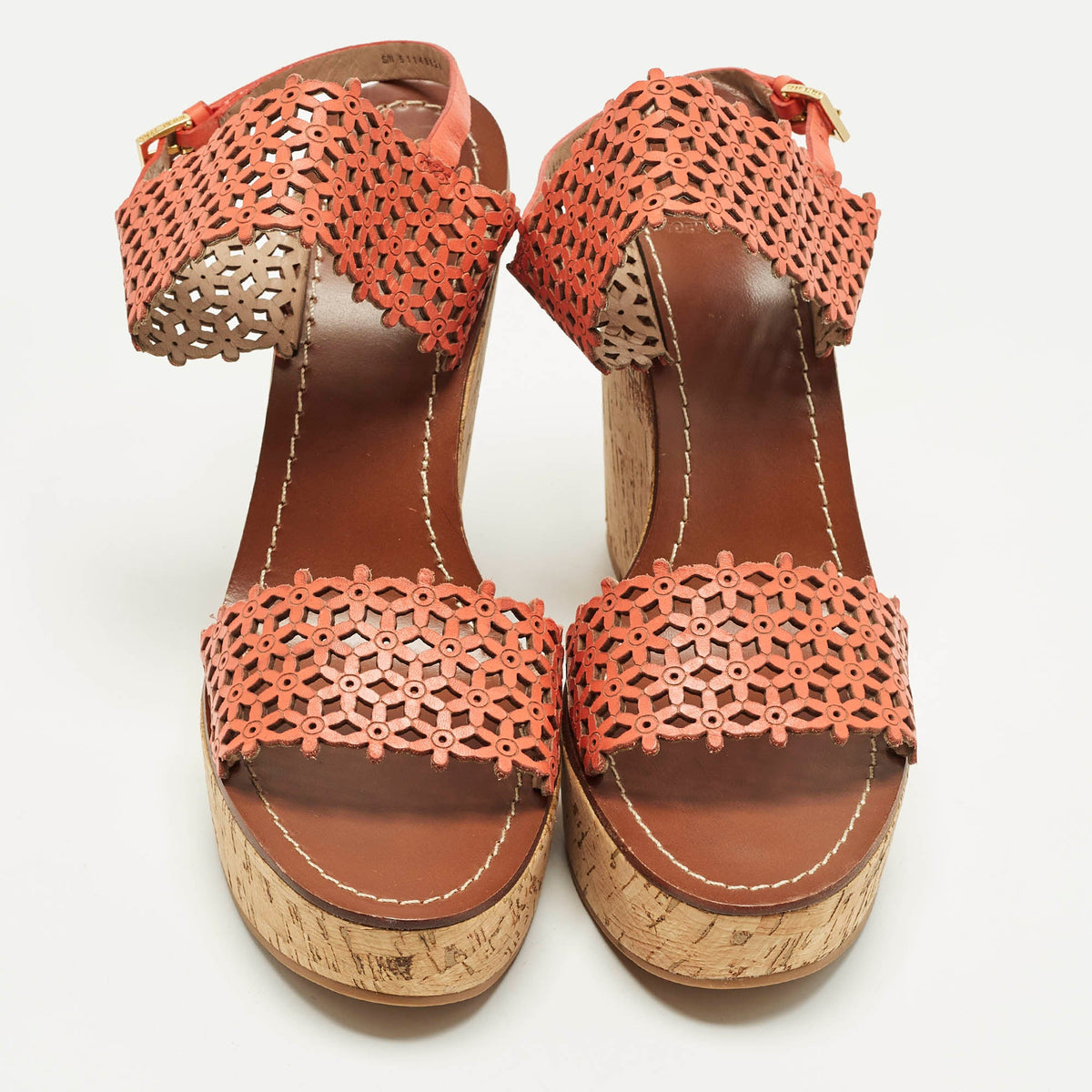 Tory Burch Daisy Size 41 Orange  Perforated Leather Wedge Sandals