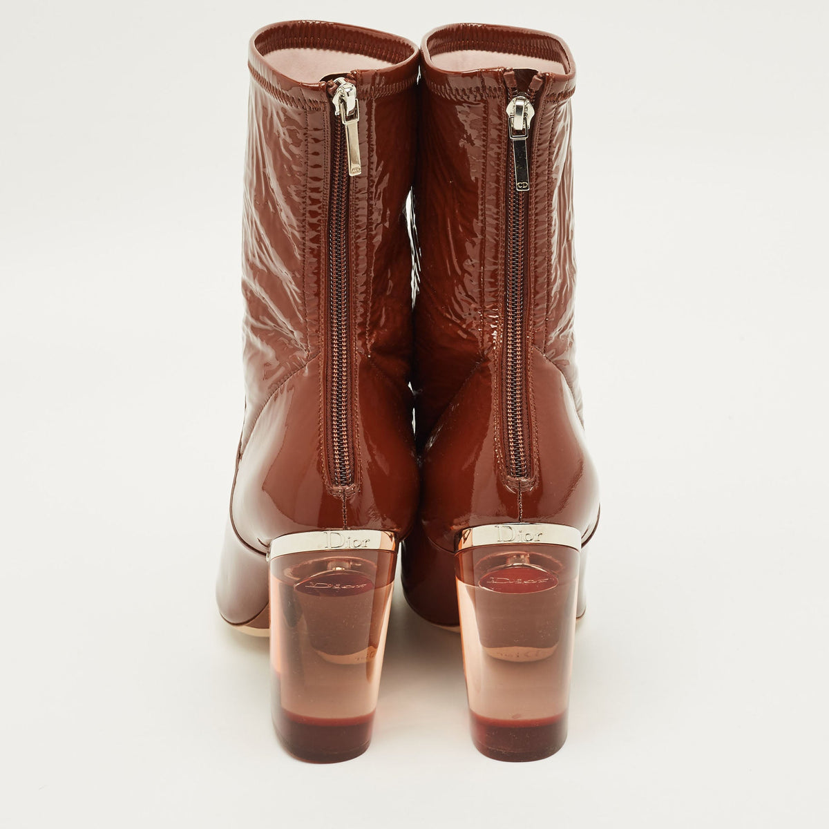 Dior Size 38.5 Brown Patent Leather Clear Heel Ankle Length Boots