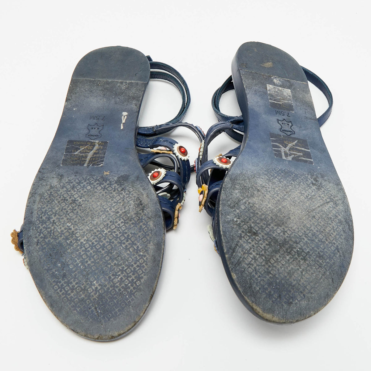 Tory Burch Size 37.5 Blue Leather  Floral Appliqu&eacute;d Ankle Wrap Flat Sandals