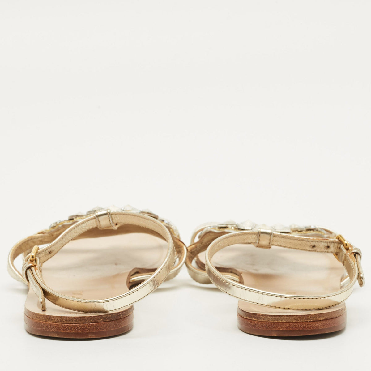 Miu Miu Size 35 Silver Foil Leather Crystal Embellished Ankle Strap Flat Sandals