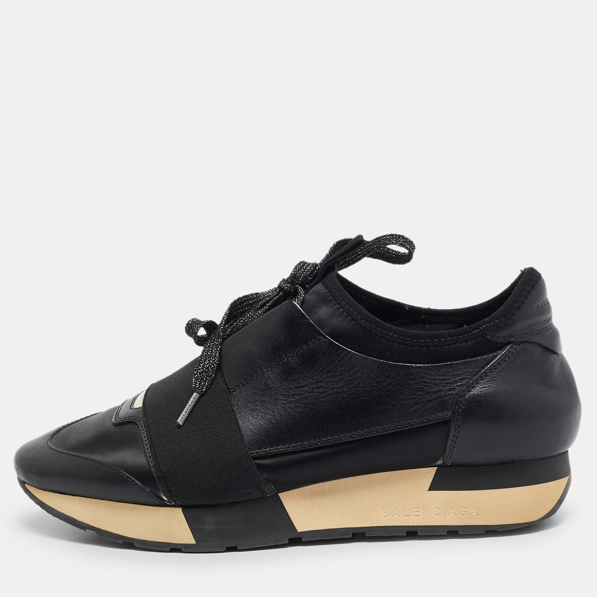 Balenciaga Race Runner Size 37 Black Fabric and Leather Lace Up Sneakers