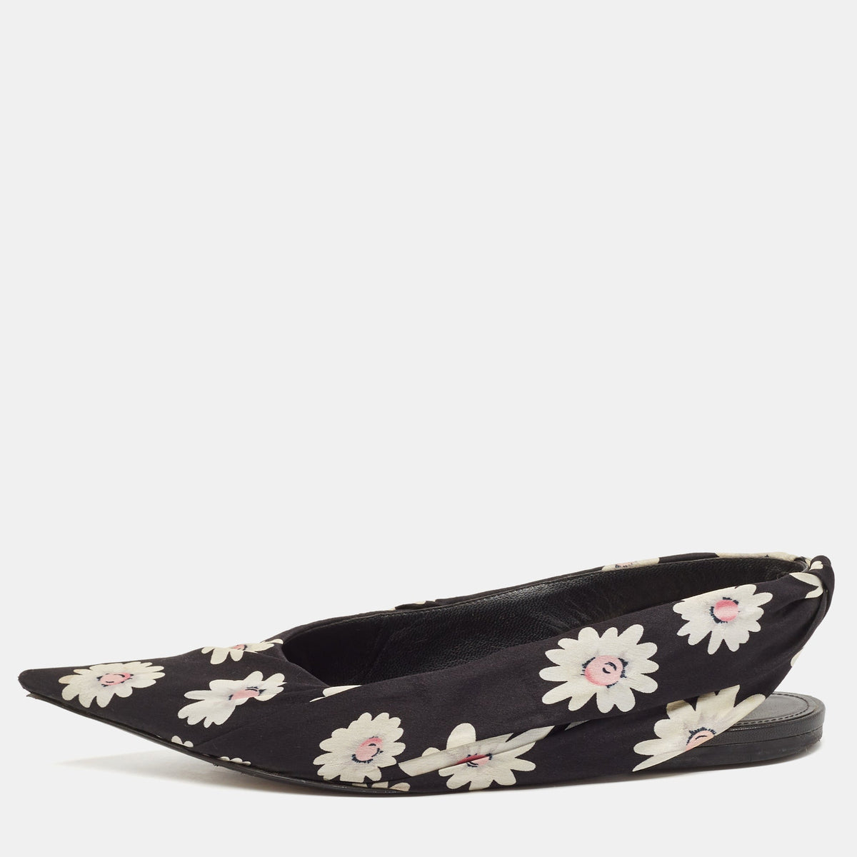 Balenciaga Black Floral Print Fabric Pointed Toe Slingback Flats Size 38