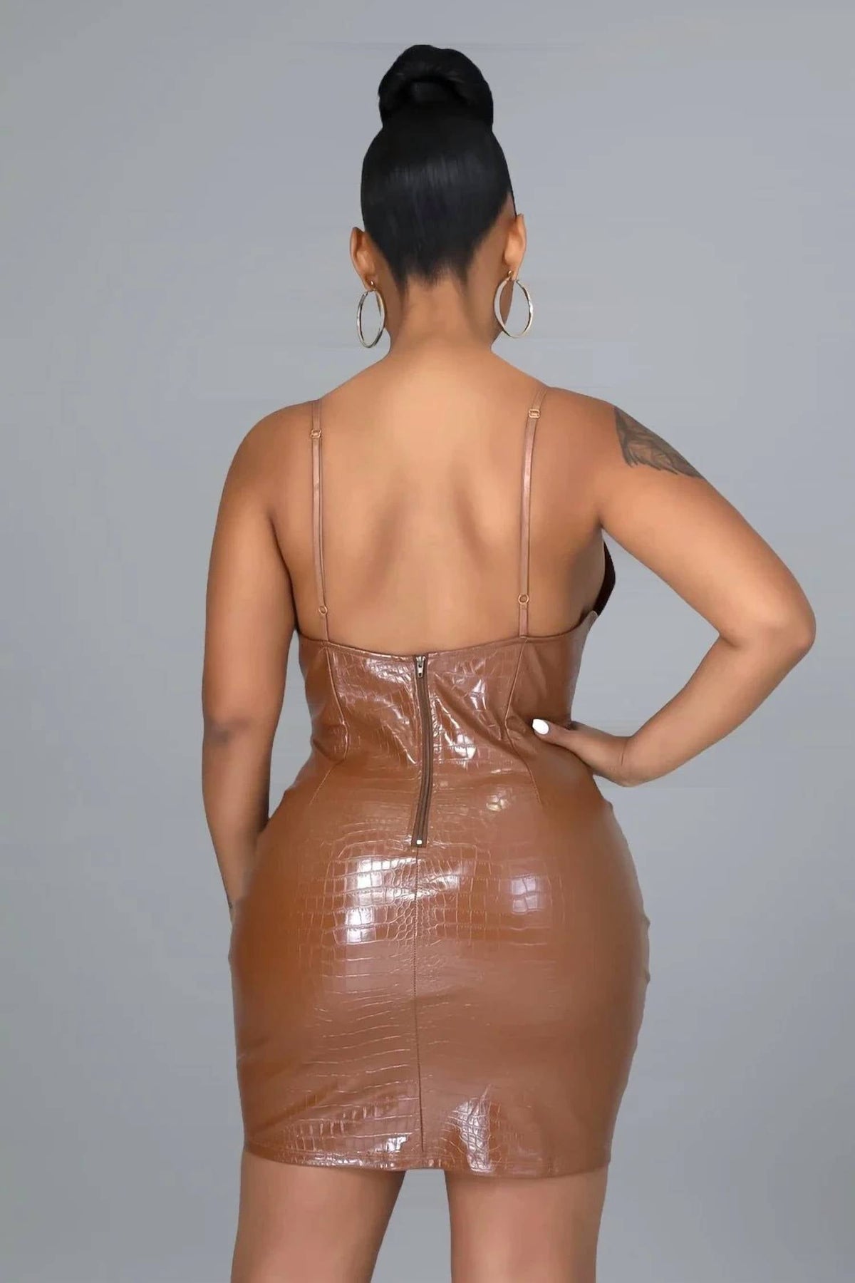 Cybill Faux Leather Mini Dress In Cognac Brown