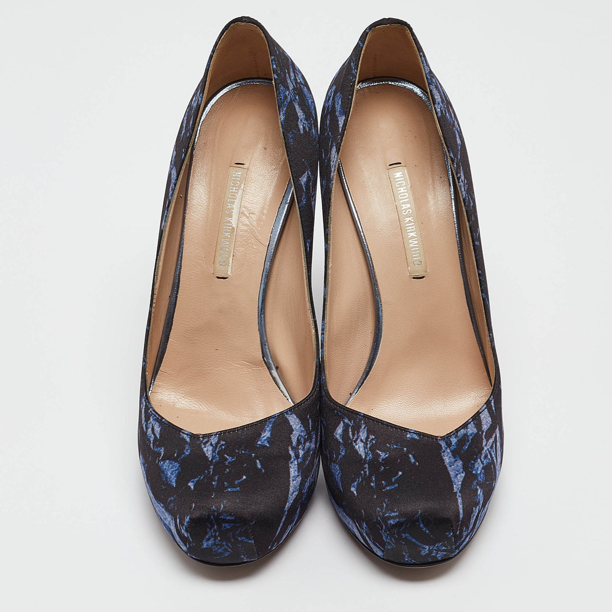 Nicholas Kirkwood Navy Blue Print Satin Platform Pumps Size 37.5