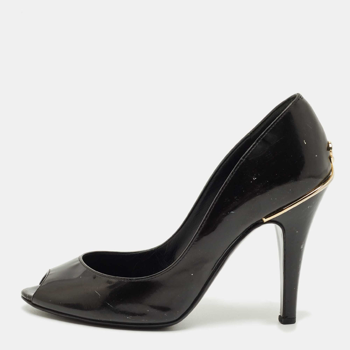 Chanel Black Patent Leather CC Peep Toe Pumps Size 34