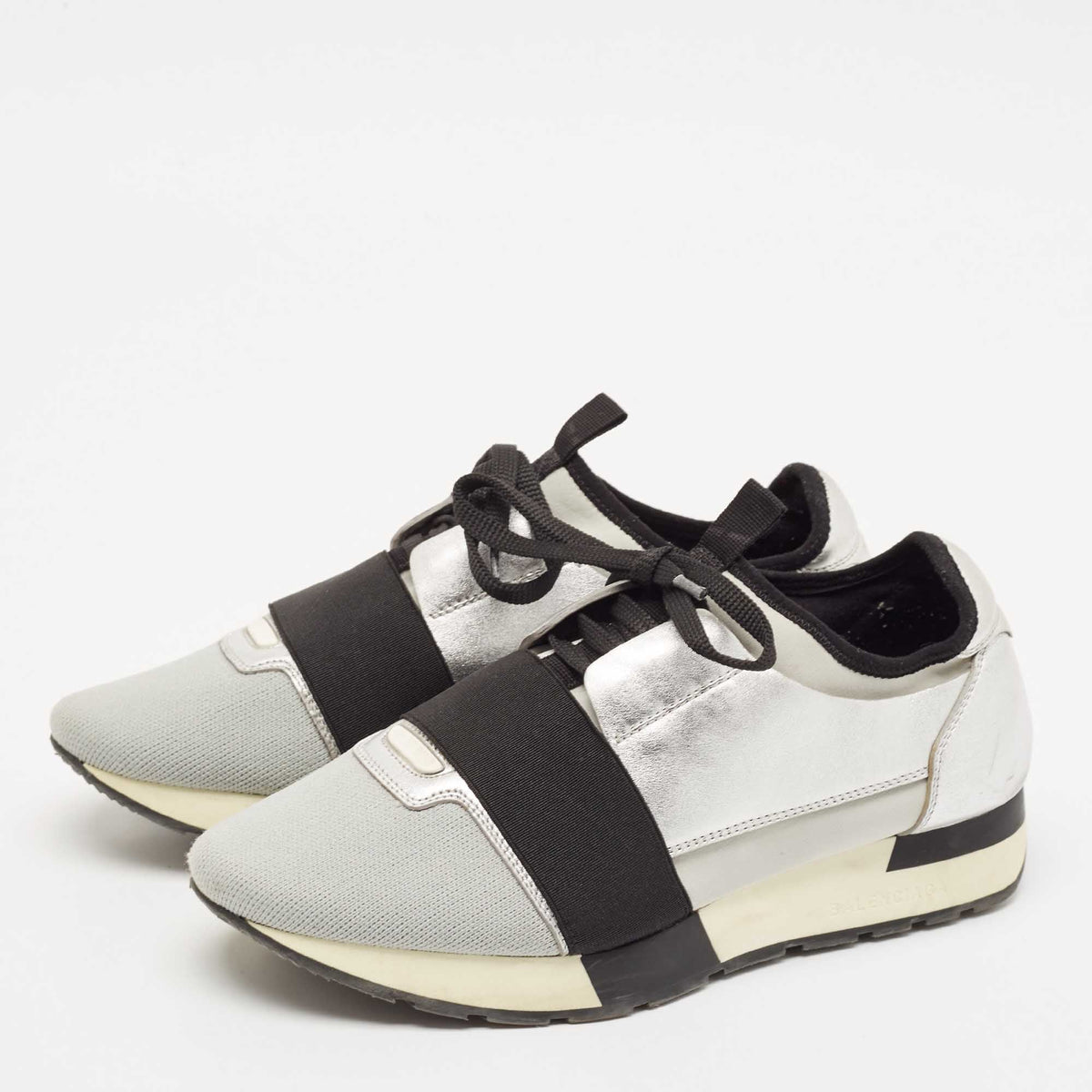 Balenciaga Silver Leather and Knit Fabric Race Runner Low Top Sneakers Size 39