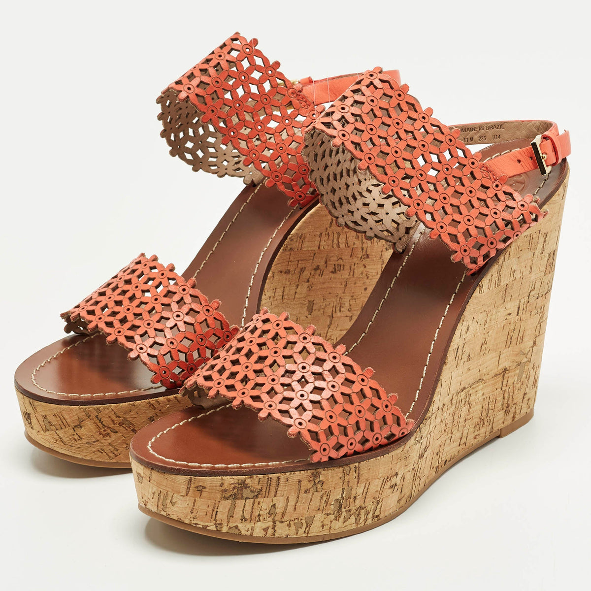 Tory Burch Daisy Size 41 Orange  Perforated Leather Wedge Sandals