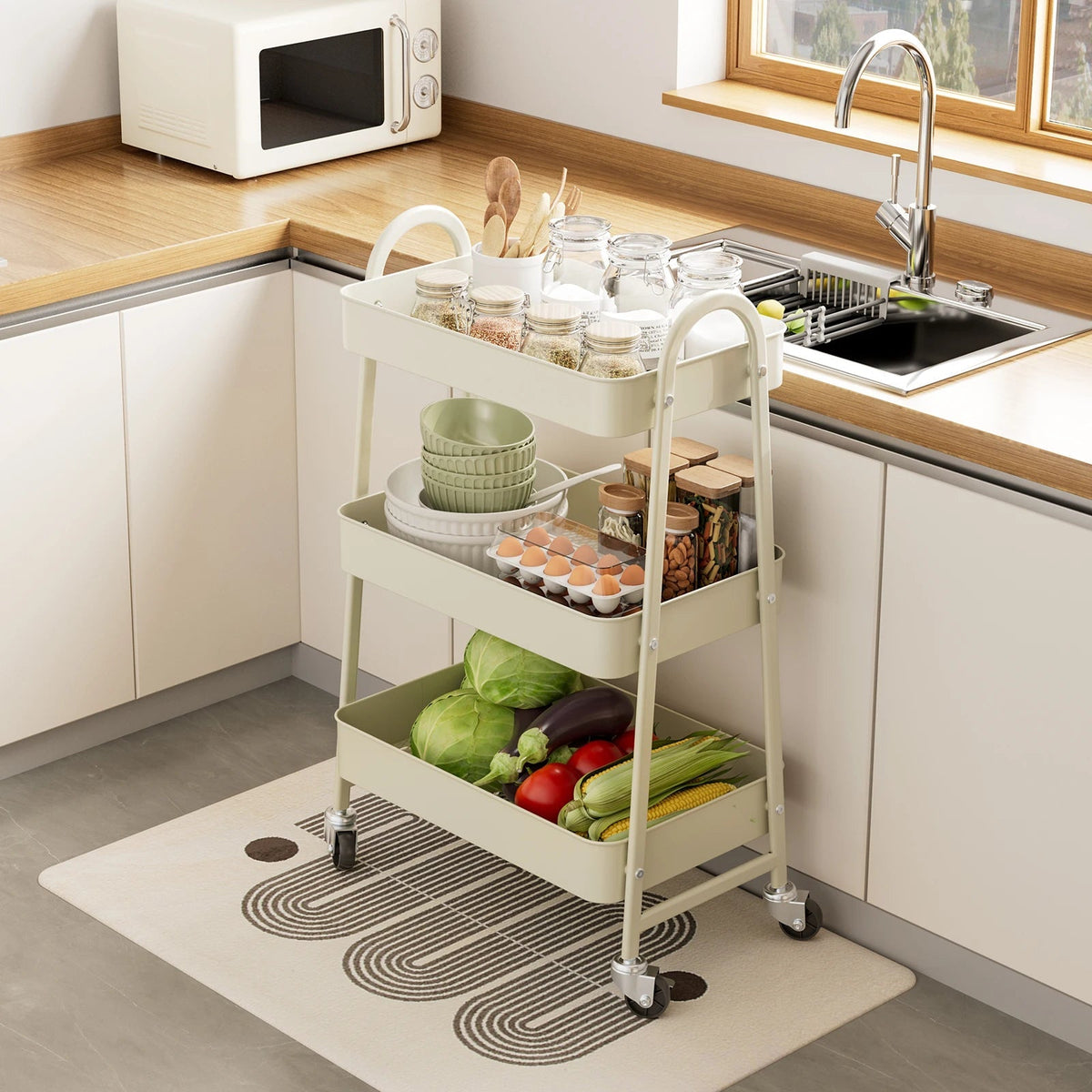 3-Tier Metal Kitchen Storage Cart with Lockable Wheels - Mobile Shelving Unit for Narrow Spaces and Utility Organization