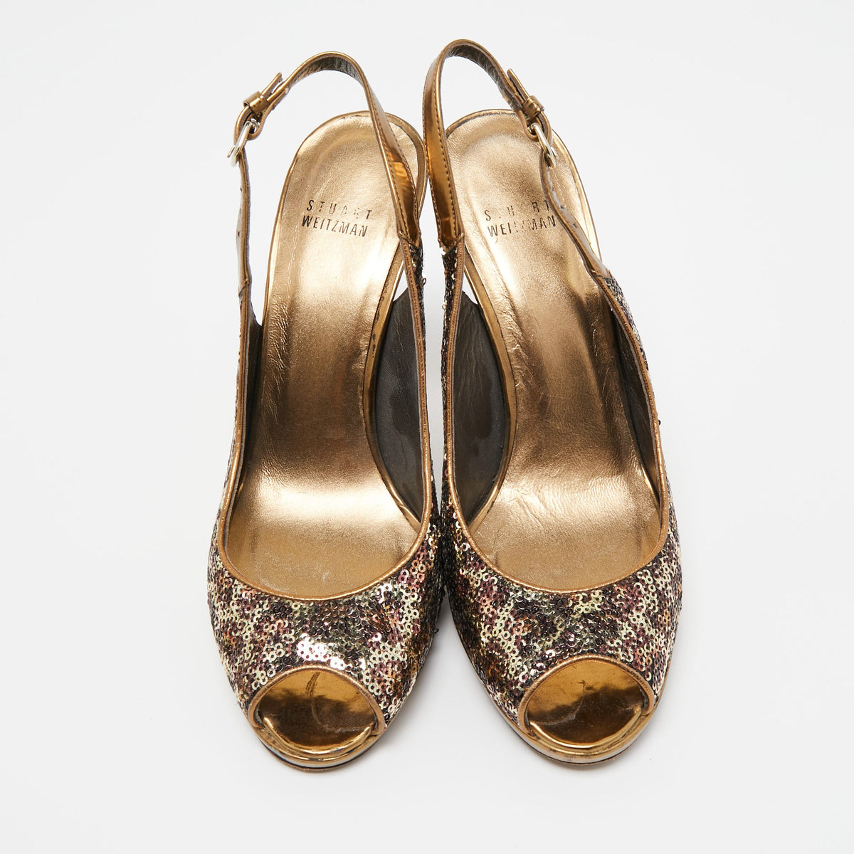 Stuart Weitzman Metallic Animal Print Sequins Platform Slingback Sandals Size 39.5