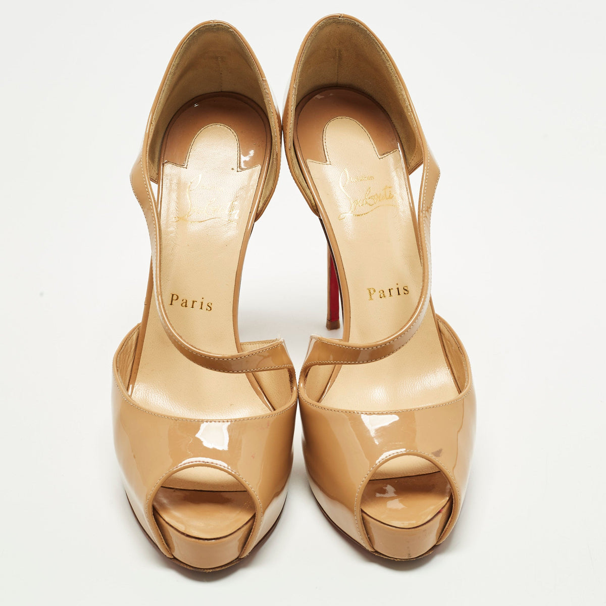 Christian Louboutin Catchy Two Size 39 Beige Patent Leather Peep Toe Pumps