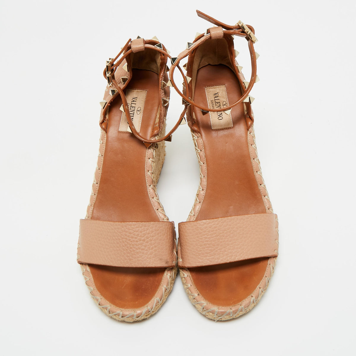 Valentino Beige Leather Rockstud Wedge Sandals Size 38
