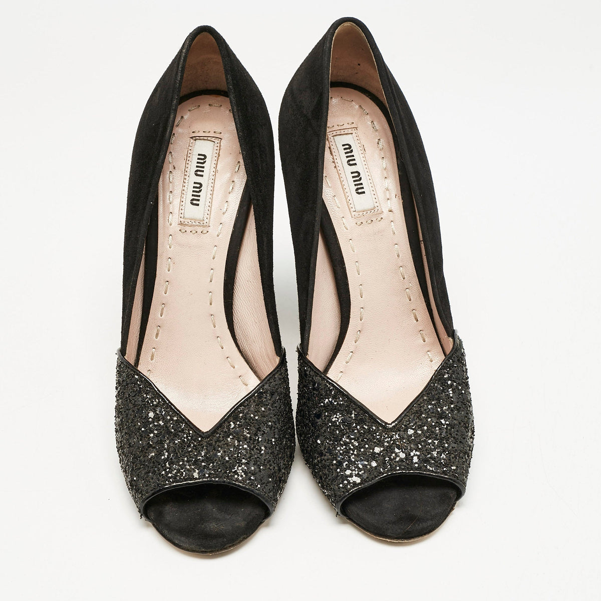 Miu Miu Black Glitter and Suede Curved Peep Toe Pumps Size 37.5