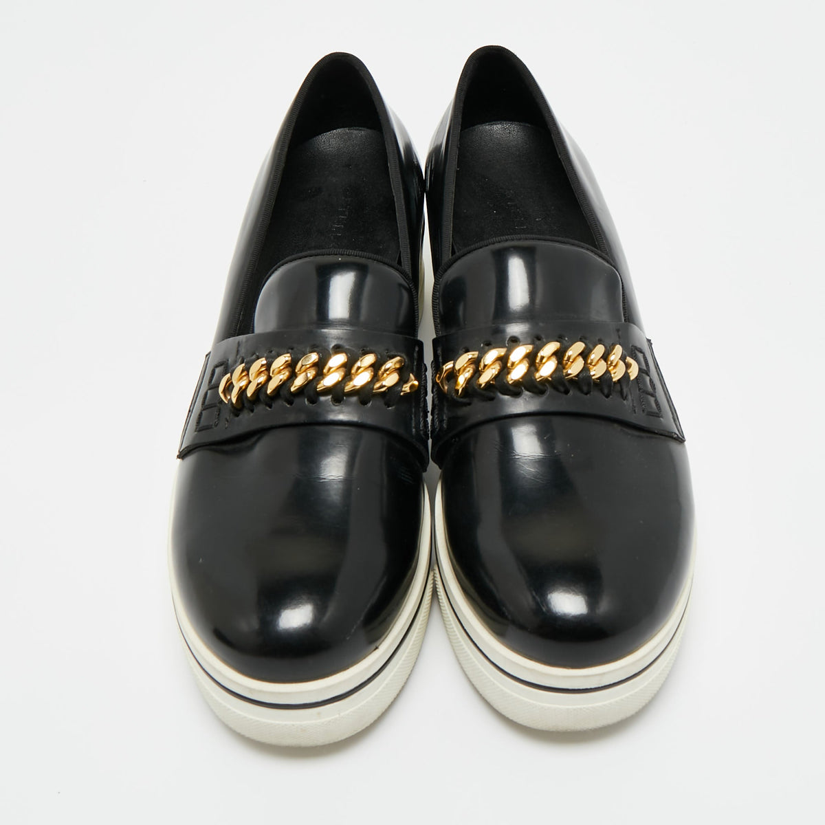 Stella McCartney Black Faux Leather Chain Link Platform Slip On Sneakers Size 38