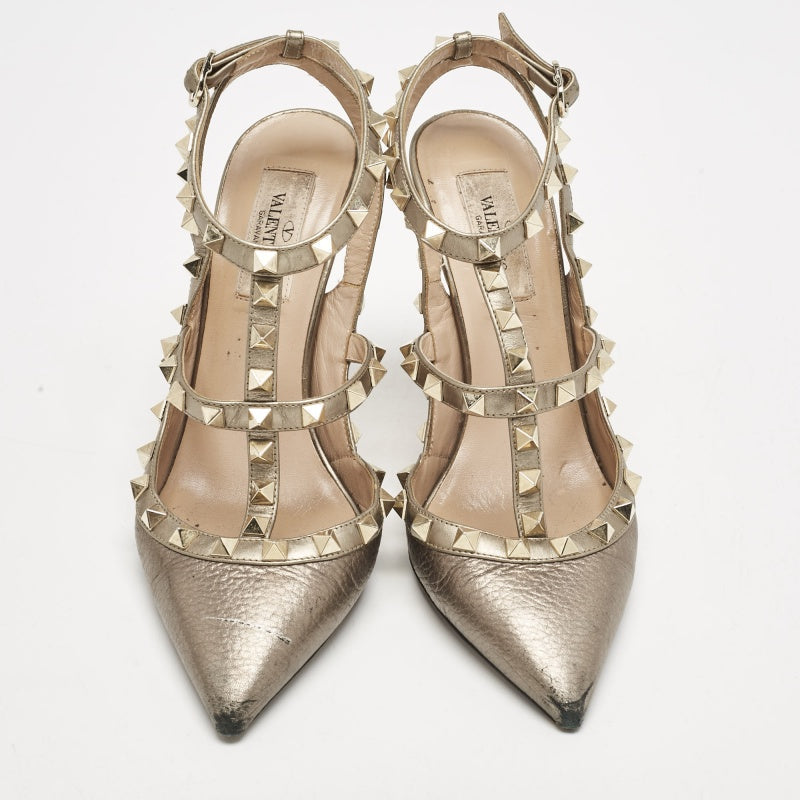 Valentino Metallic Grey Leather Rockstud Caged Ankle Strap Pumps Size 37