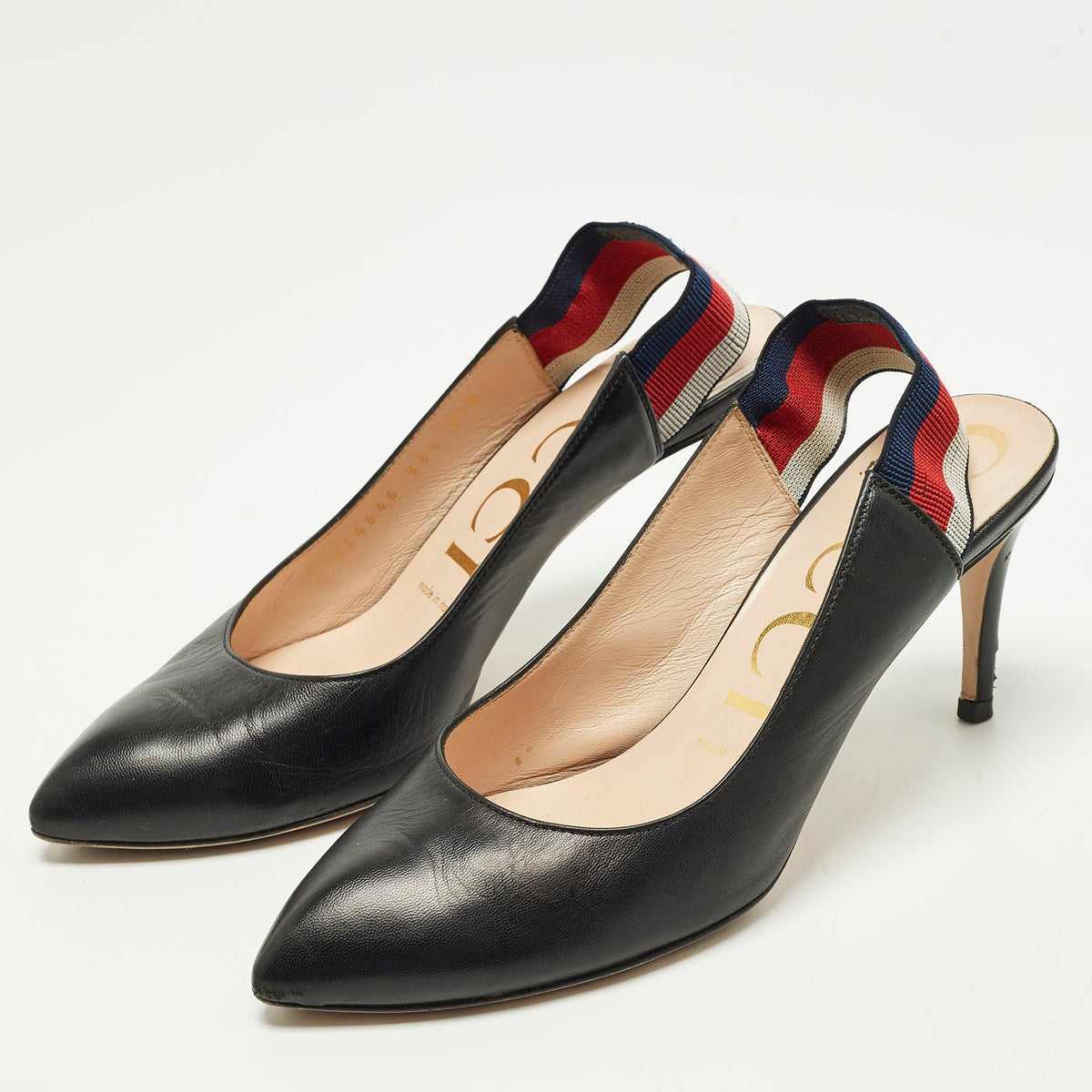Gucci Sylvie Size 36.5 Black Leather Web Slingback Pumps