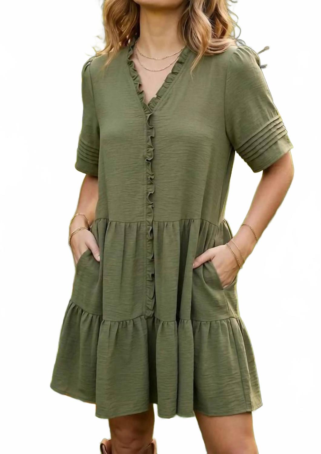 V-Neck Tiered Dress In Olive