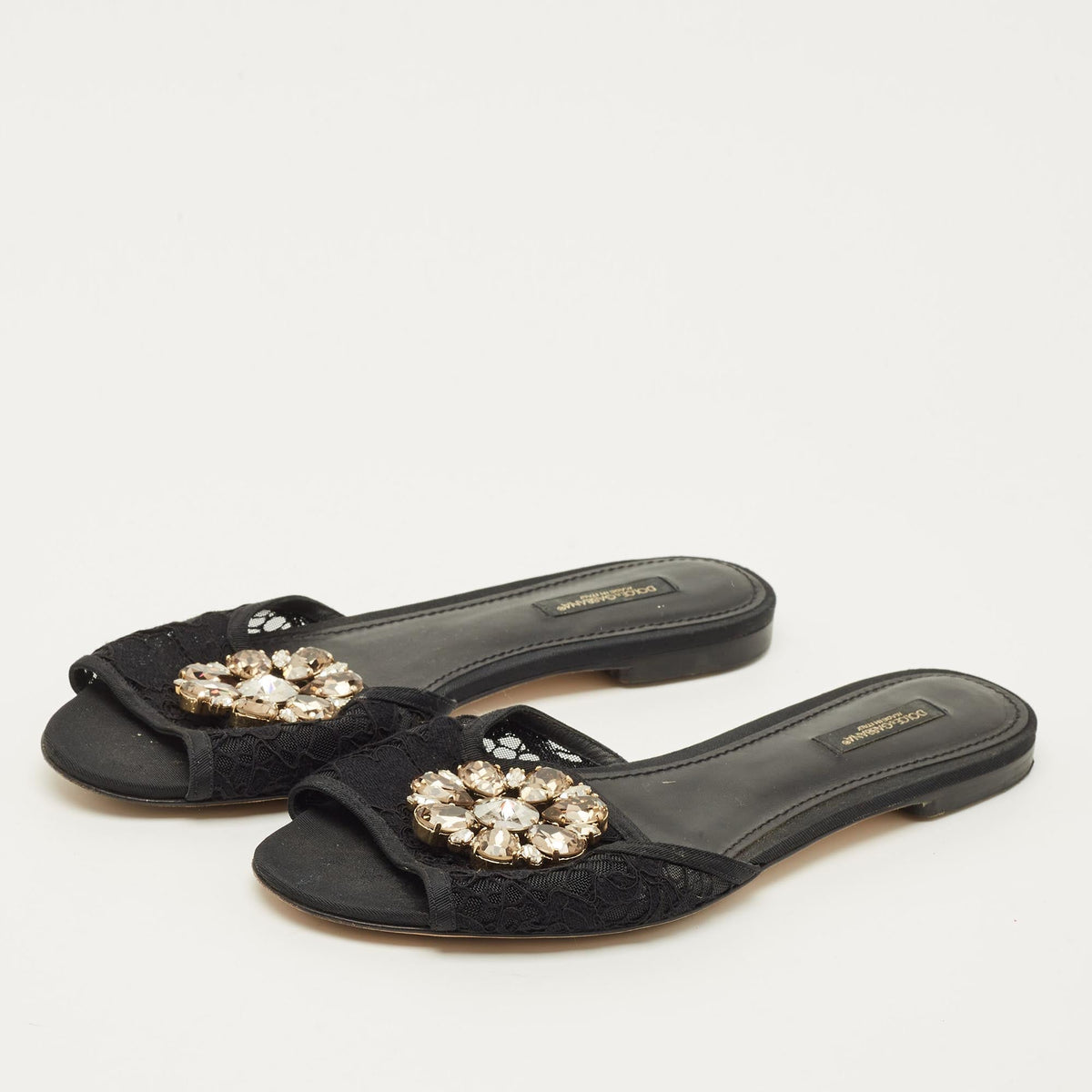 Dolce & Gabbana Sofia Size 38.5 Black Lace Crystal Embellished Flat Slide Sandals