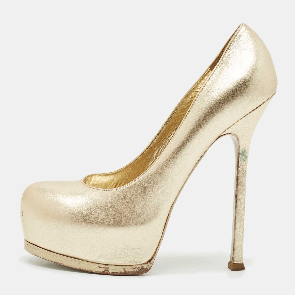Saint Laurent Paris Tribtoo Size 38.5 Gold Leather Platform Pumps