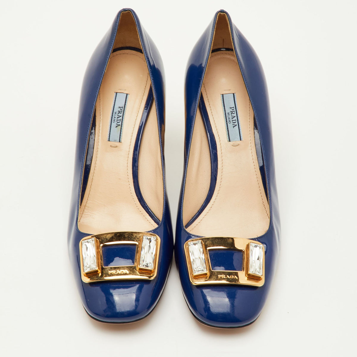 Prada Size 40.5 Navy Blue Patent Leather Crystal Block Heel Pumps