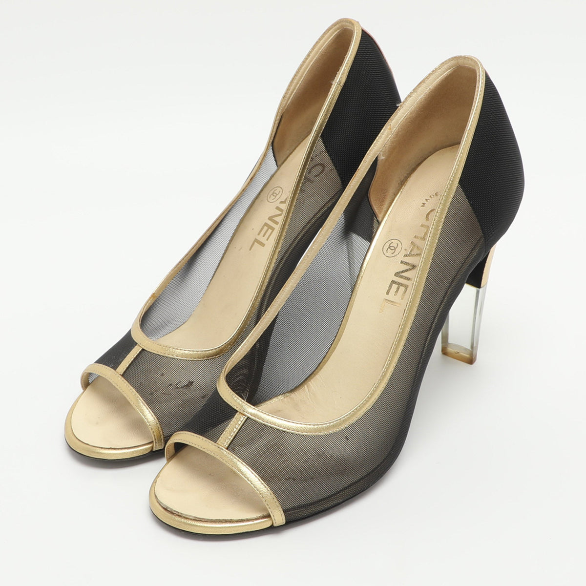 Chanel CC Size 37.5 Black/Gold Leather and Mesh Peep Toe Pumps