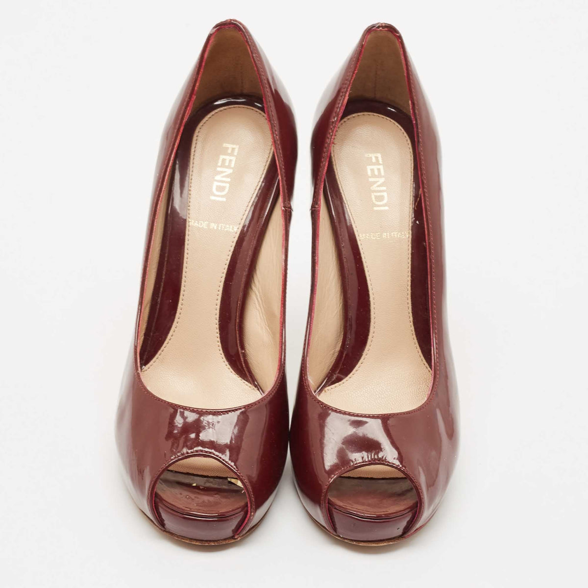 Fendi Burgundy Patent Leather Peep Toe Platform Pumps Size 35