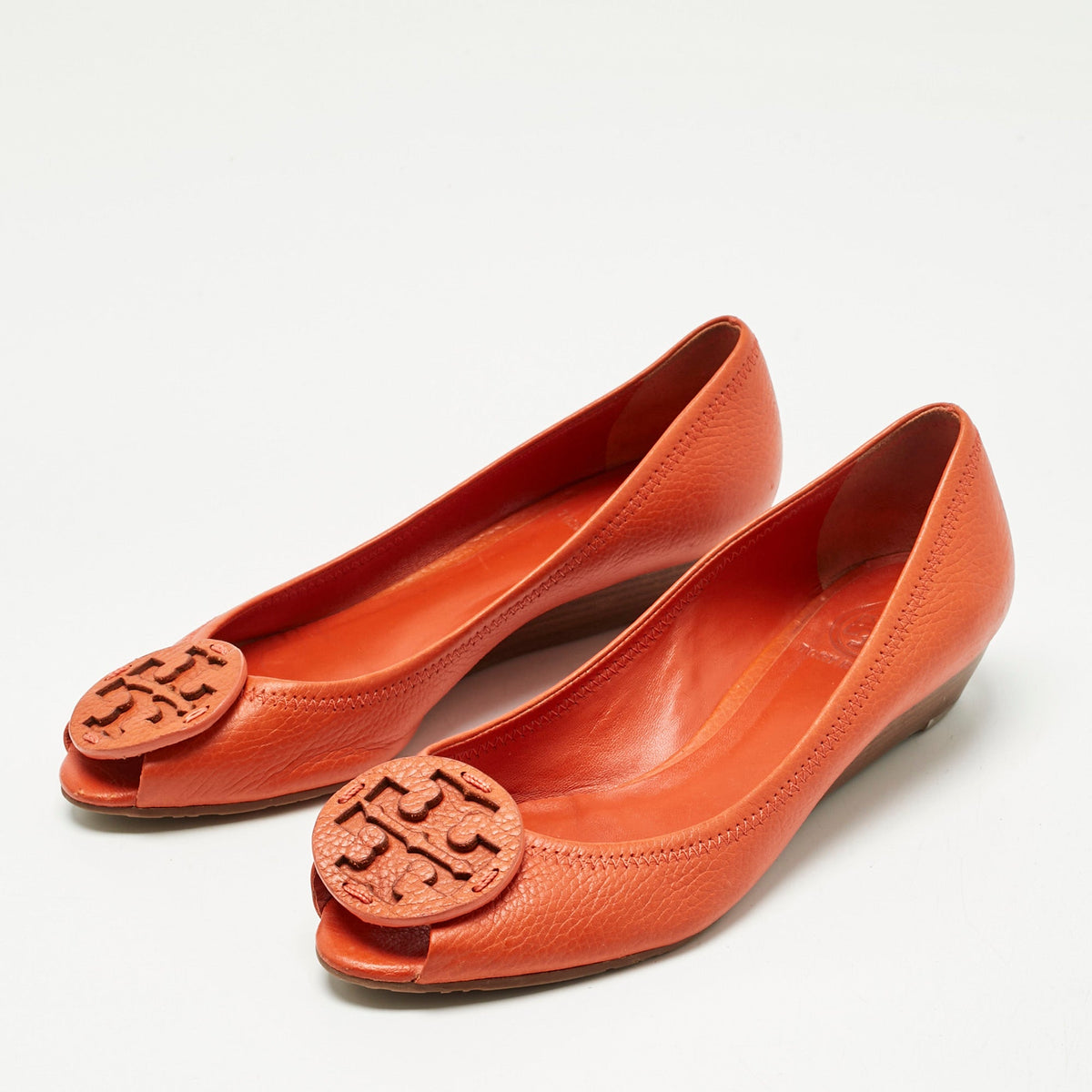 Tory Burch Orange Leather Janey Wedge Pumps Size 38.5