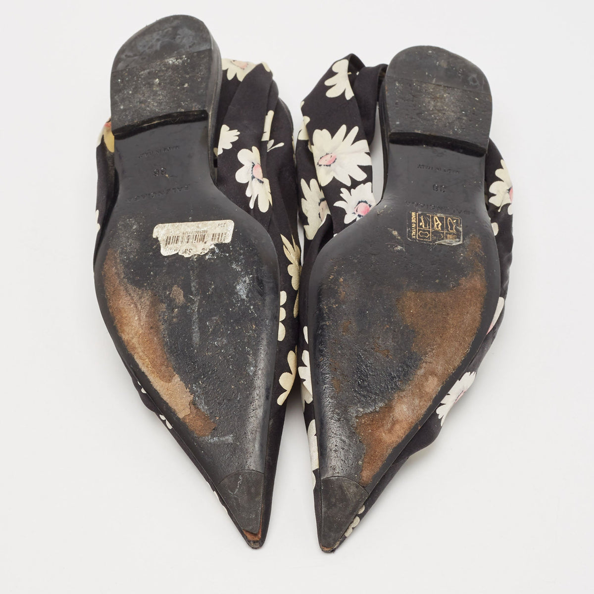Balenciaga Black Floral Print Fabric Pointed Toe Slingback Flats Size 38