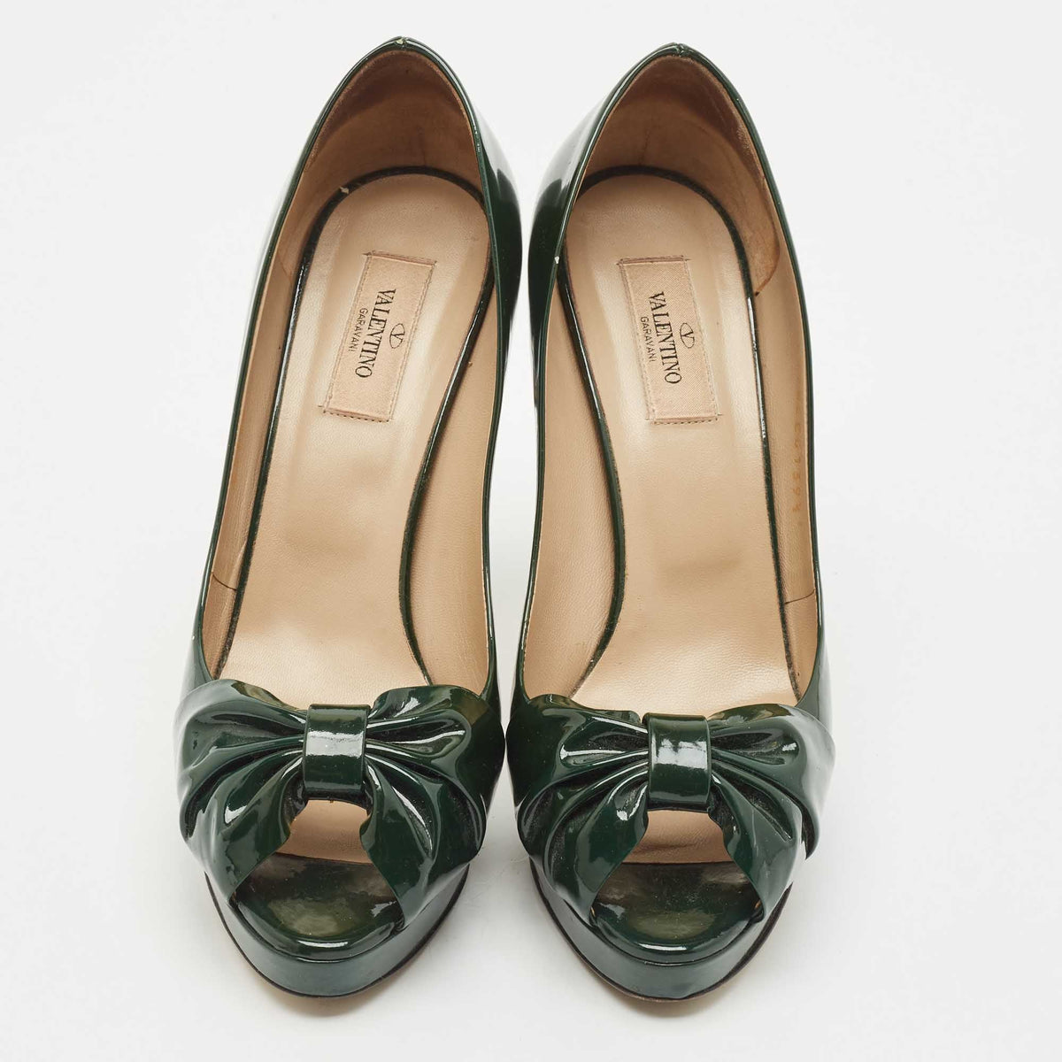 Valentino Green Patent Leather Knotted Bow Peep Toe Pumps Size 39.5