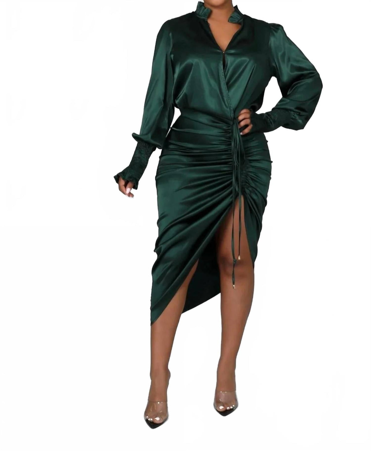 Opulence Long Sleeve Satin Midi Dress In Green