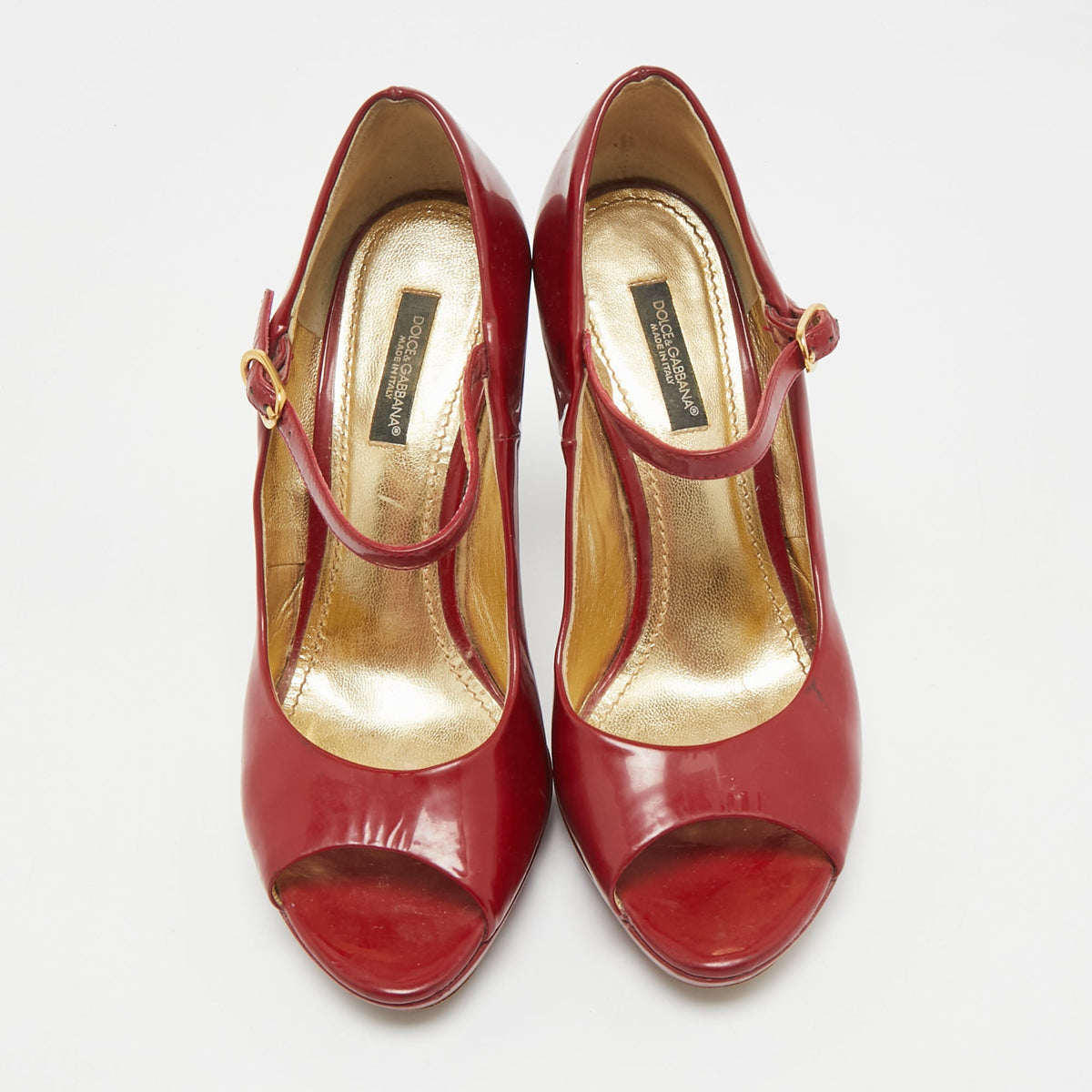 Dolce & Gabbana Red Patent Leather Platform Peep Toe Mary Jane Pumps Size 37