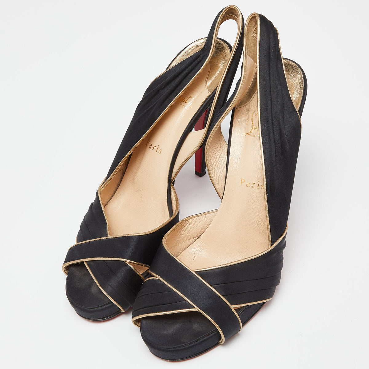 Christian Louboutin Black/Gold Satin and Leather Trim Platform Peep Toe Slingback Sandals Size 42